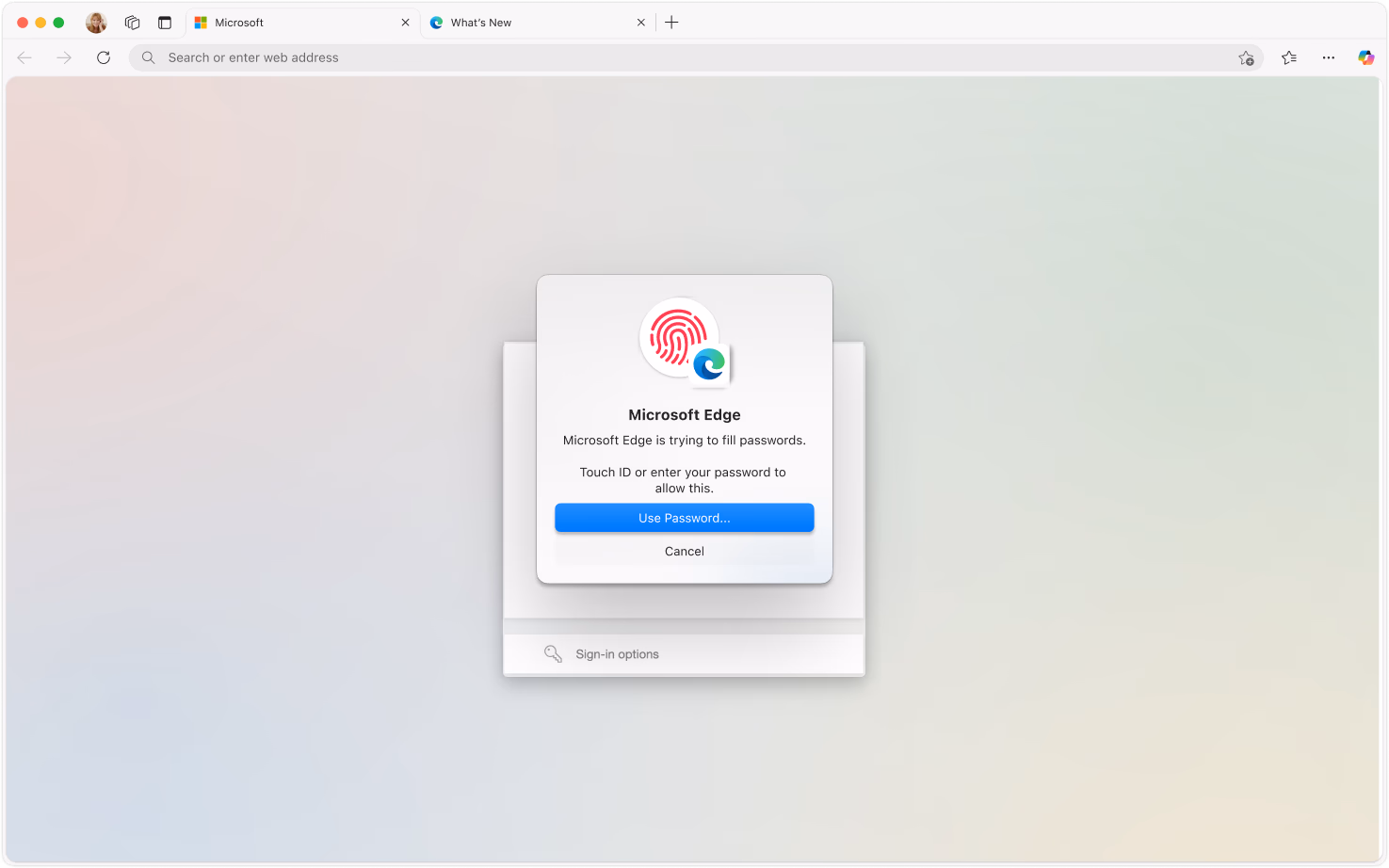 A Microsoft Edge pop-up window on macOS prompting the user to fill a saved password on a site log-in, with a blurred background.